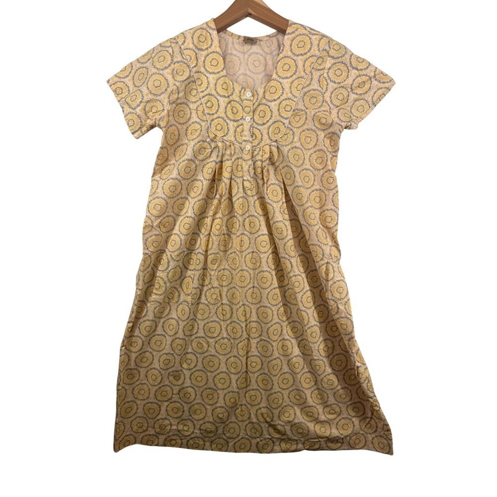Vtg Belle Womens House Dress Sz L Yellow/Gray Mumu Classic Comfy Cotton Lightwt